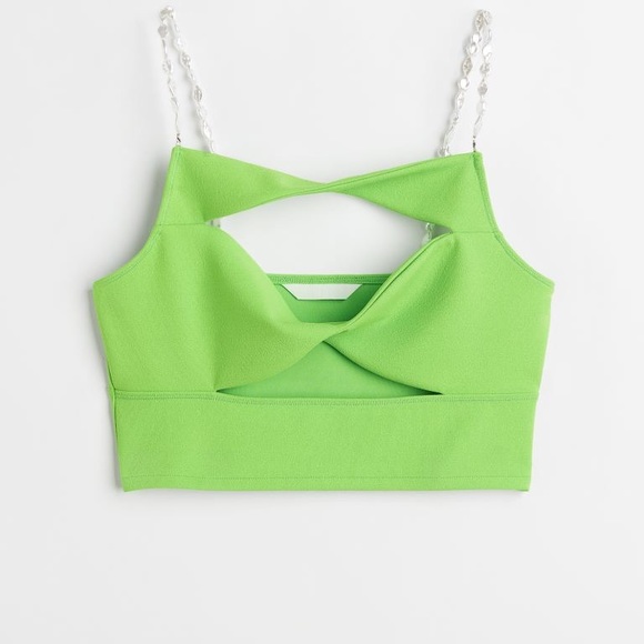 H&M Lime Green Cut Out Crop Pearl Strap Crop Top XS - Picture 1 of 3